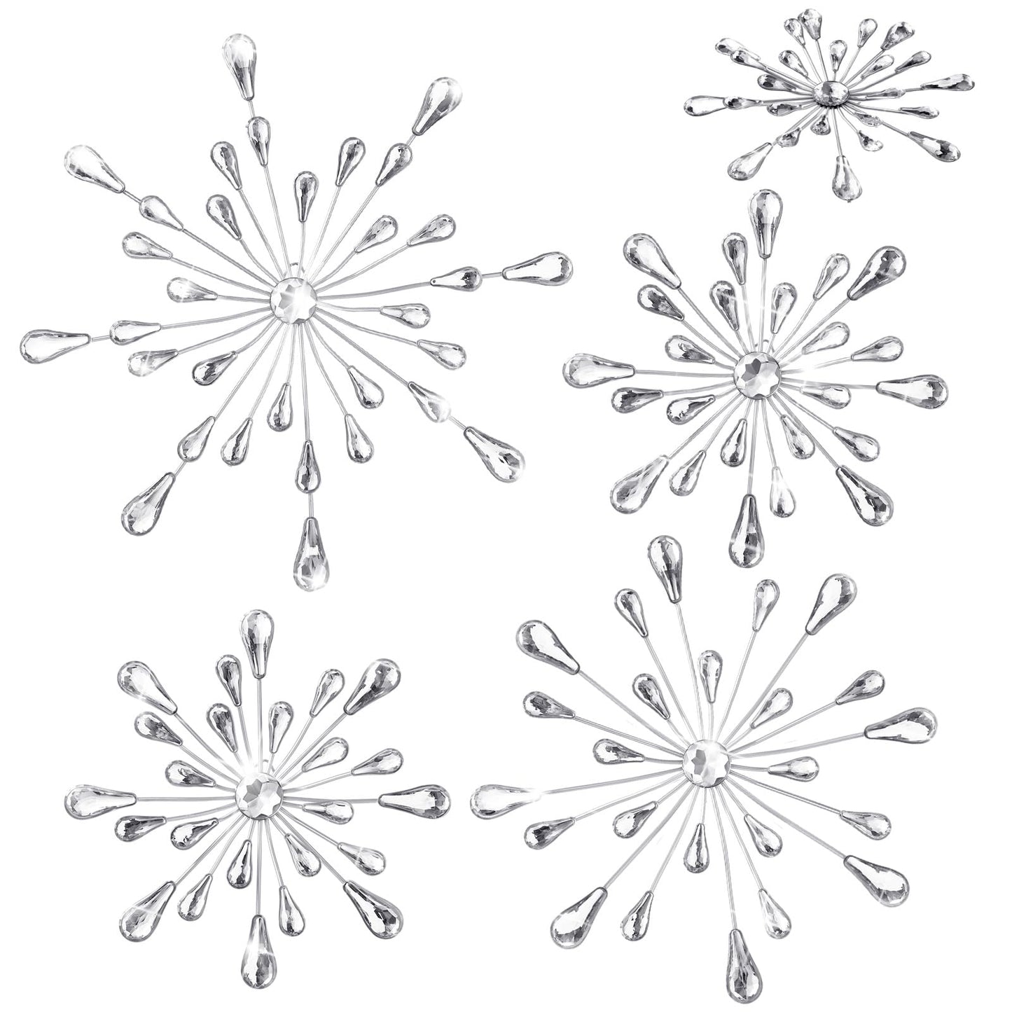 Hicarer 4pcs 3D Silver Metal Starburst Wall Decor Bling Crystal Wall Art Cast Iron Rhinestones Sunburst Decor Jeweled Hanging Glitter Diamond Accents Home Decorative for Living Room Bedroom Entryway