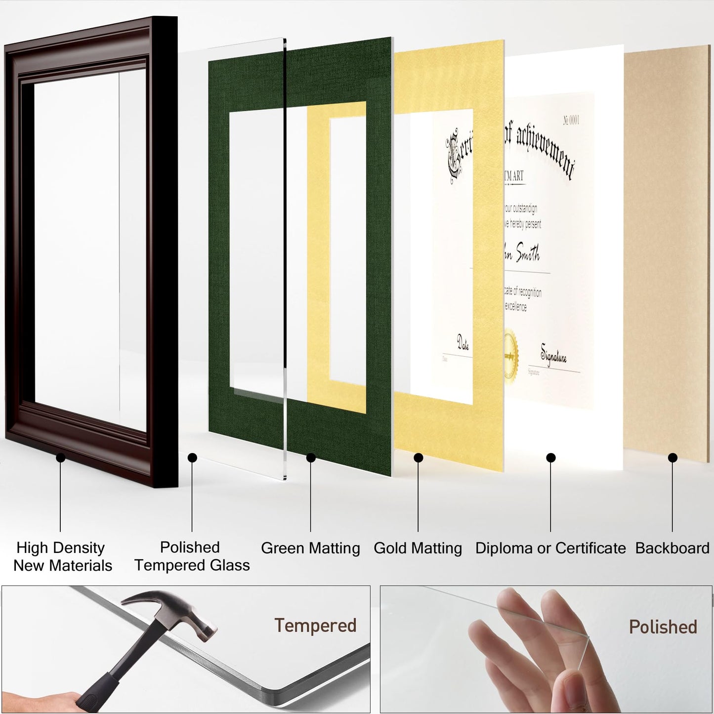 Yaetm 11x14 Diploma Frame, Certificate Frame with Tempered Glass, Display 8.5x11 Document with Dark Green Over Gold Acid-free Mat or 11 x 14 without Mat, Wide Molding (Single, Brown/Green)