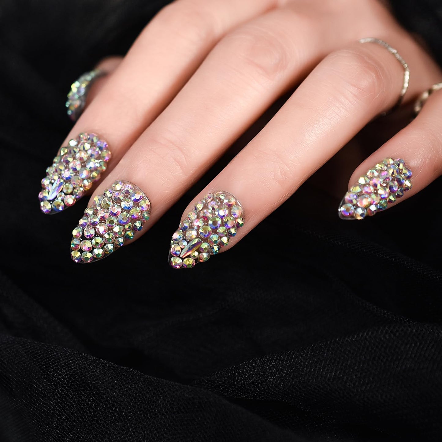Coolnail Shiny 3D Crystal Rhinestones Press on Nails, Medium Stiletto Holo Diamonds Handmade Tips Kit, Jewelry Gems Full Cover Fake Glue Stick on, Luxe for Party Women & Girl