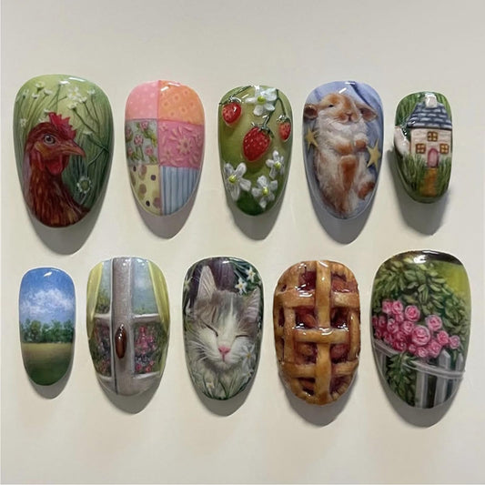 IMRAIN Press on Nails Almond Medium Fake Nails Green Acrylic False Nails Full Cover Artificial Cute Glue Stick on Nails for Women Girls 24Pcs
