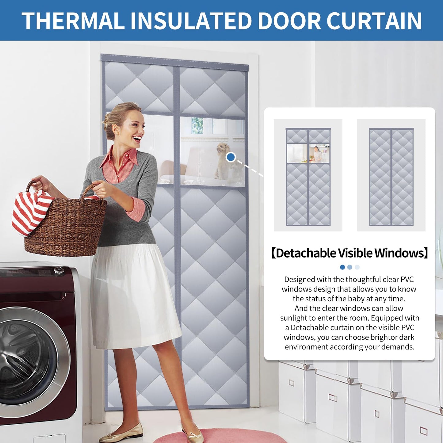 Magnetic Thermal Insulated Door Curtain with Detachable Visible Windows, Thicken Polyester Fiberfill & Durable Oxford Fabric, Hands Free Windproof Door Screen, Fits Door Size up to 36" x 82", Grey