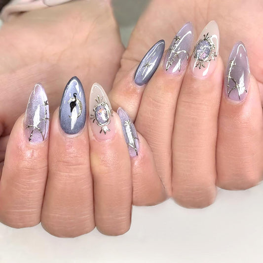 30Pcs Medium Almond Press on Nails Purple Magnetic Shimmer Designs Fake Nails Gold Star Moon False Nails Gold Irregular Lines Artificial Stick on Nails Glossy Full Cover Acrylic Glue on Nail for Women