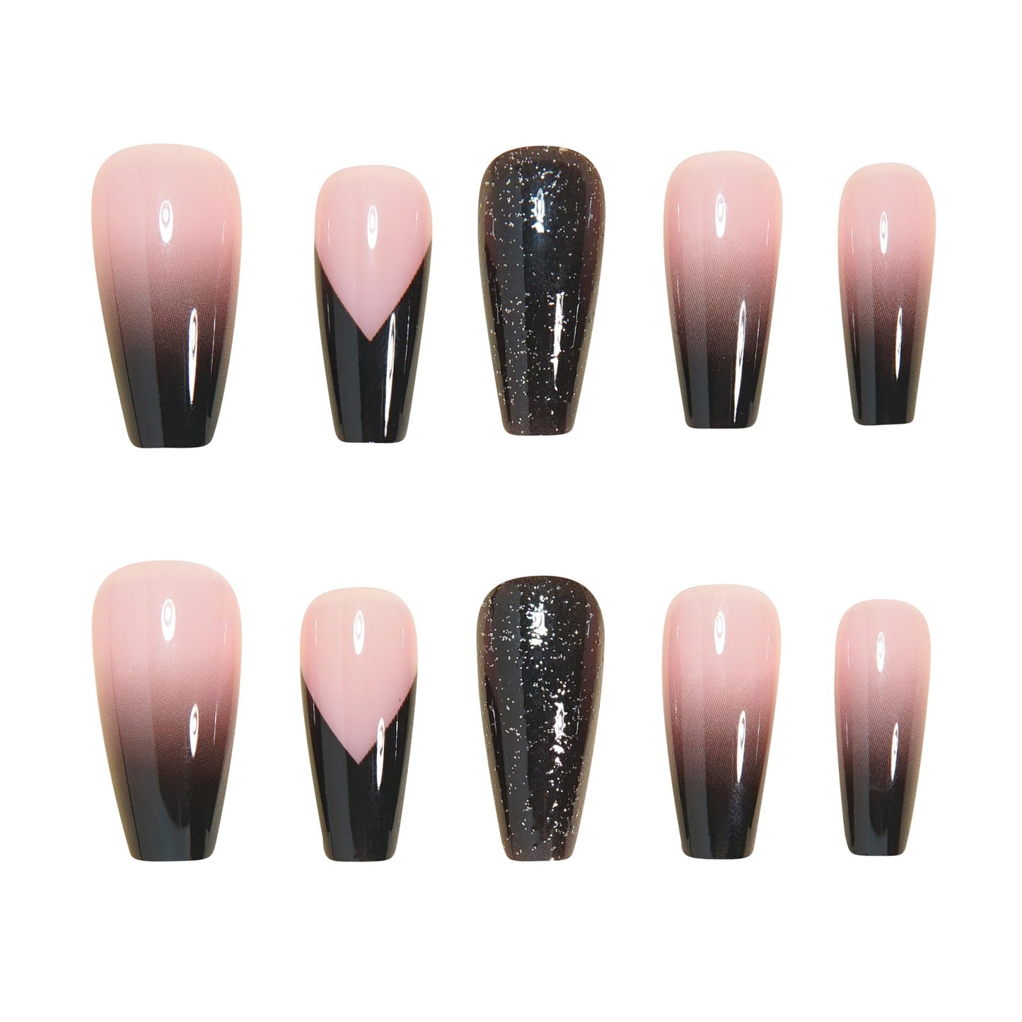 MERVF Coffin Press on Nails Long, Black Ombre French Tip Fake Nails Glitter Glue ons Solid Color Chevron Design Acrylic Nail Glossy 24pcs