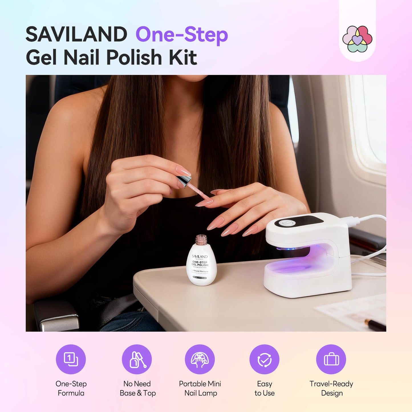 SAVILAND One-Step Gel Nail Polish Kit: Sheer Jelly Nude 5-In-1 Gel Polish Base Top Coat Builder Reinforcement In One Bottle with U V Light Quick Easy Manicure Home DIY Gift Travel Kit 15 ML