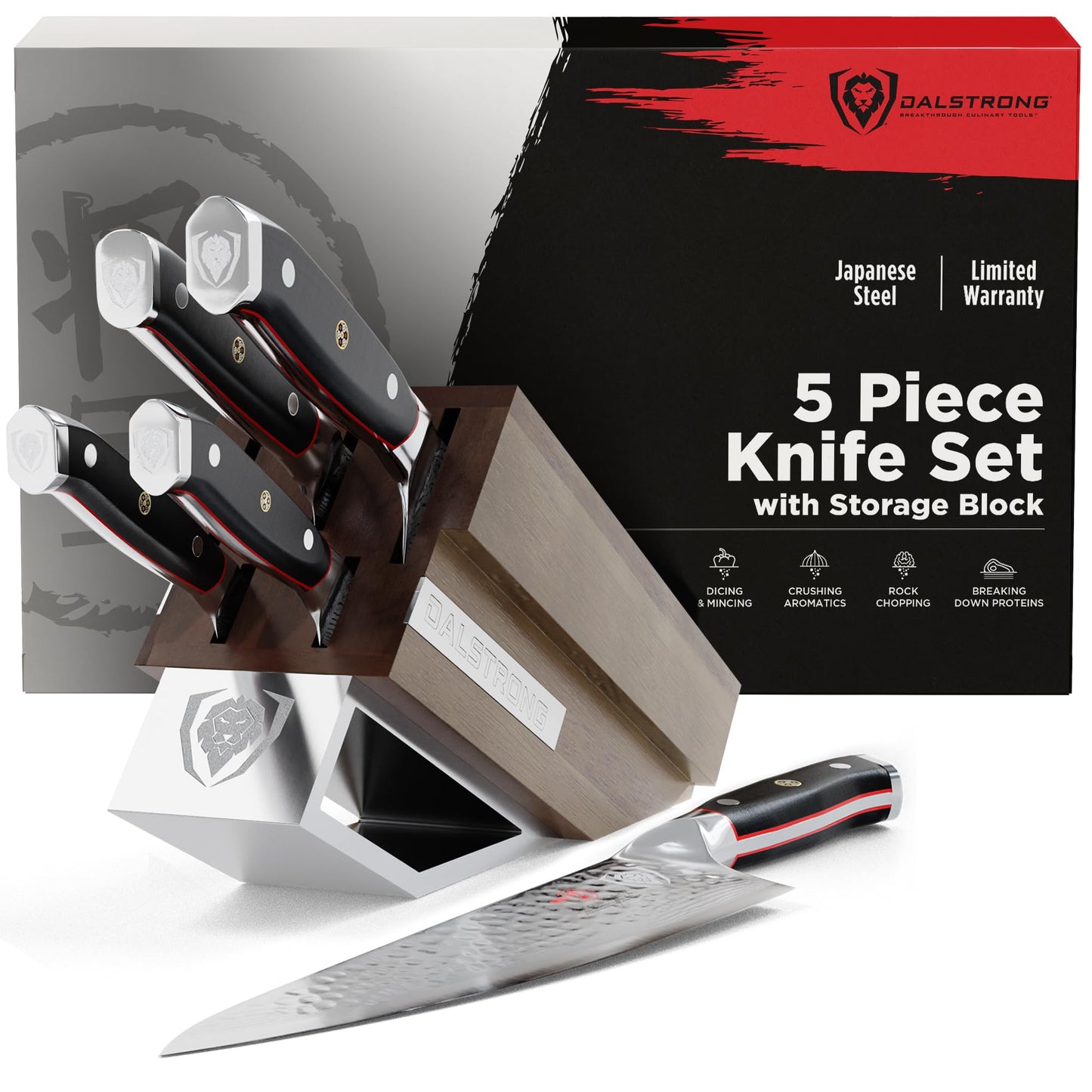 Dalstrong 5-Piece Kitchen Knife Set Block - AUS-10V Japanese Steel Full Tang - Premium Wood Knife Block Set - Black Handles G10 Shogun Series - Professional Knives set for Kitchen Cuchillos