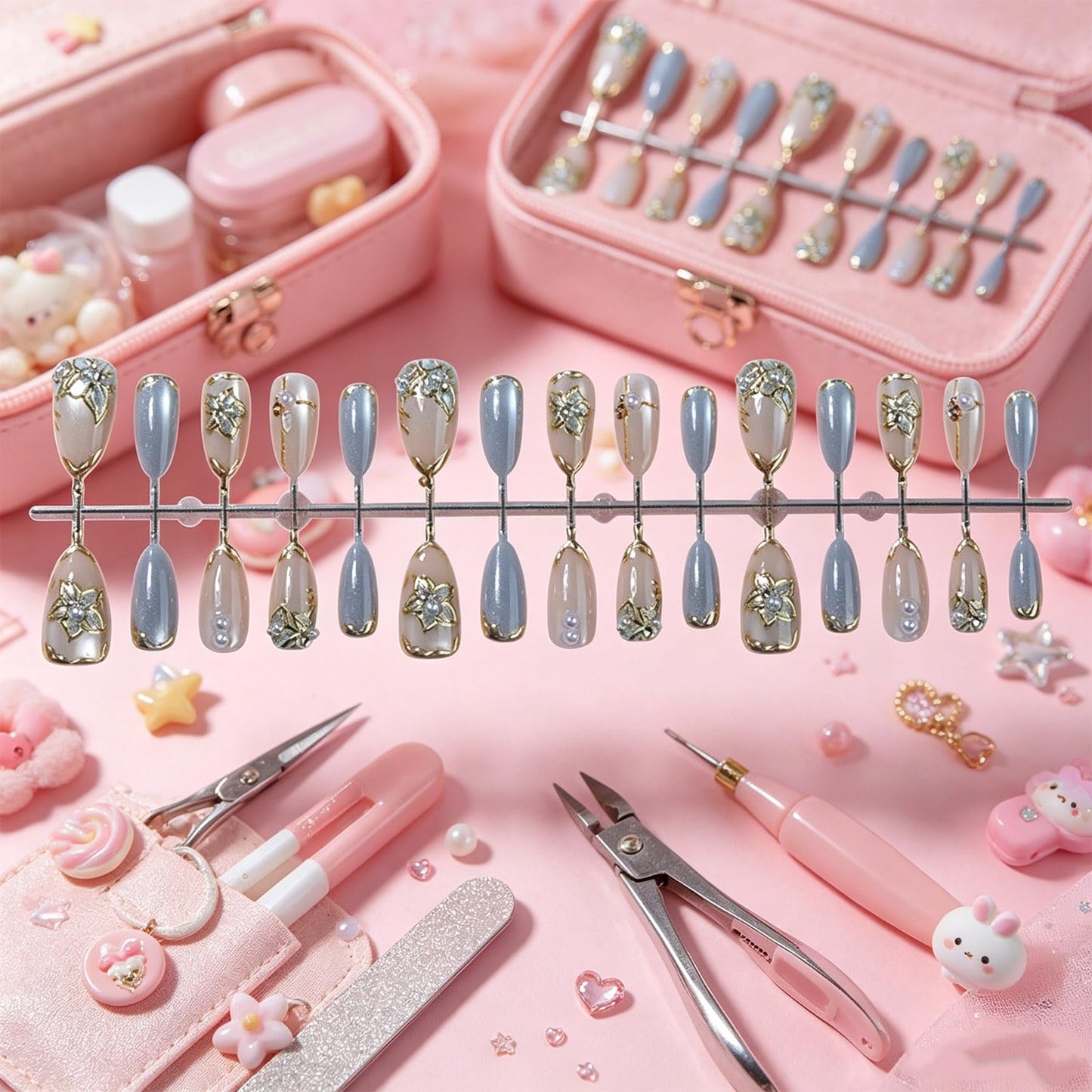 3D Flower Press on Nails with Gold Line Design Floral False Nails Glossy Blue Glitter Medium Almond Fake Nail French Tips Stick on Nail Curve Line Glue on Artificial Fingernails for Women Daily Wear