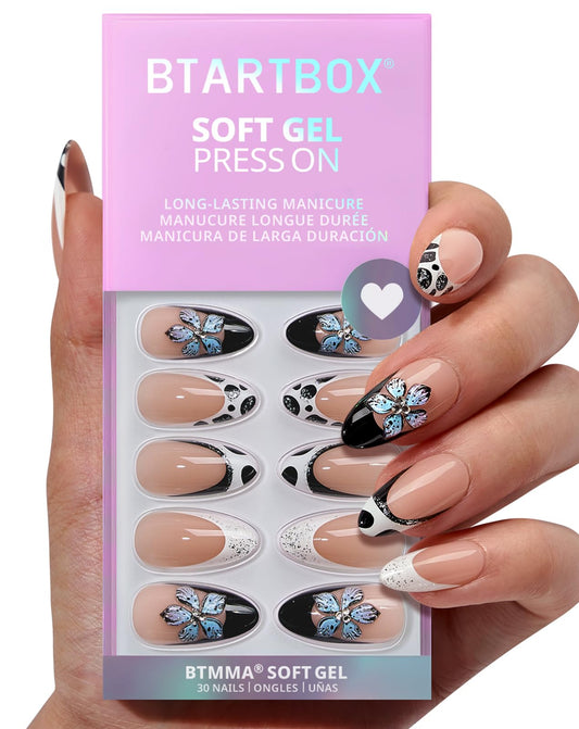 BTArtbox Press On Nails Medium - 3D Flower Almond French Tip Press On Nails with Glue for Women, Opaque Soft Gel Glue On Nails in 15 Sizes - 30 Stick On Nails Kit, Bessie & Bestie