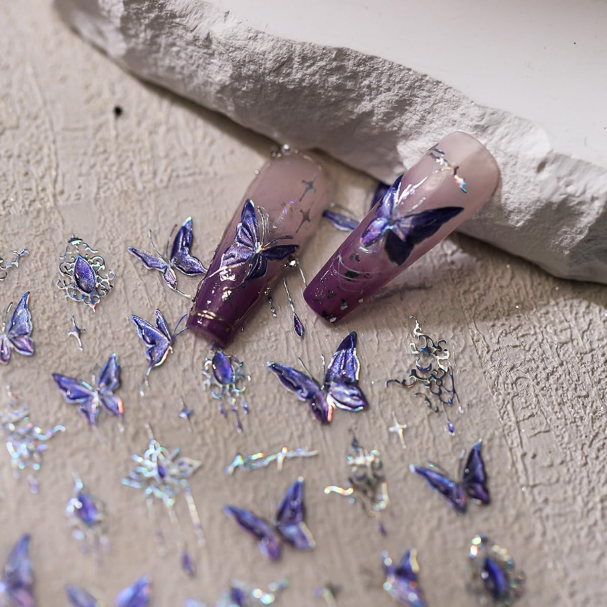 5D Embossed Nail Stickers Butterfly Nail Art Stickers Blue Aurora Nail Decals Self-Adhesive Hollow Shiny Designs Nail Art Supplies DIY Manicure Decoration for Women Girls