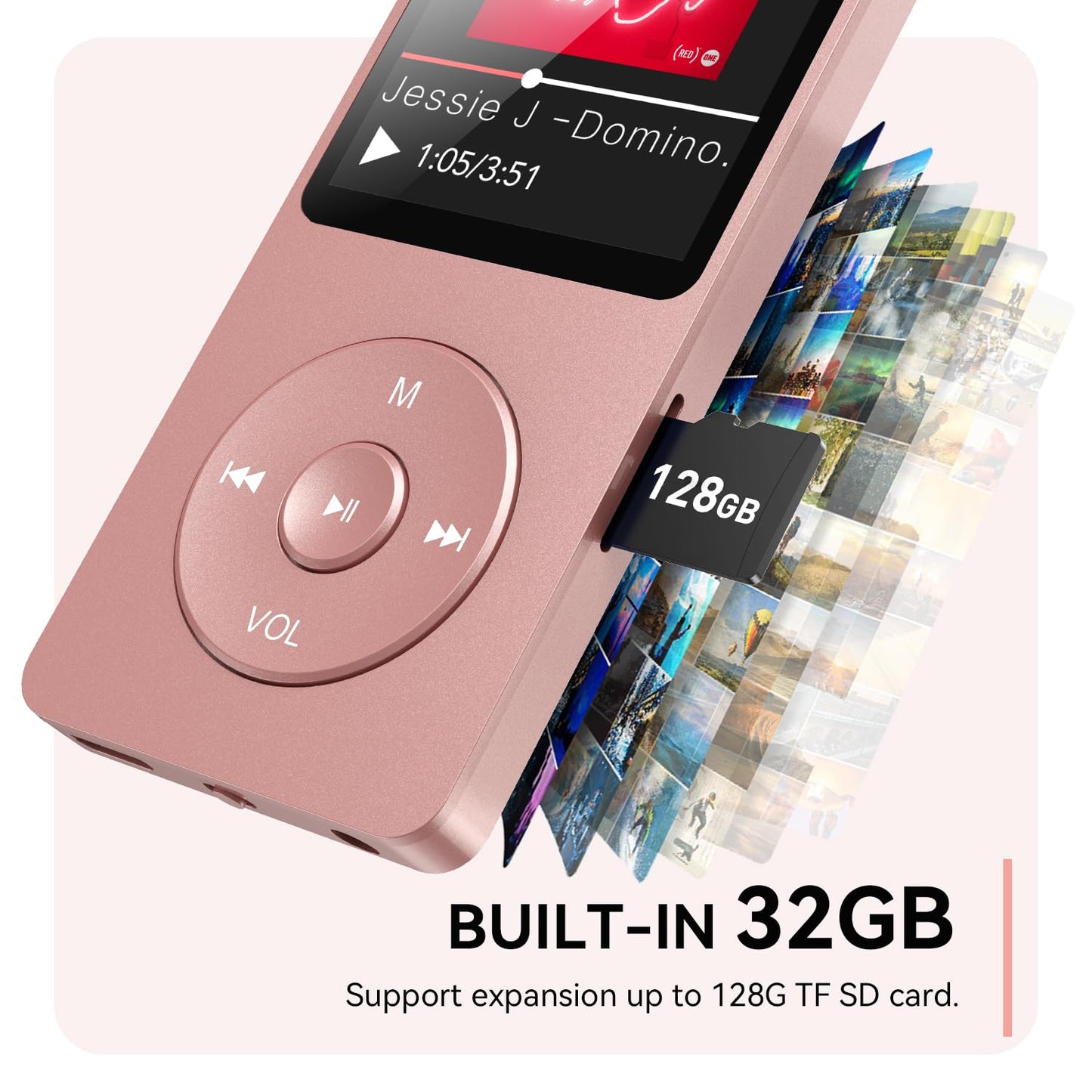 AGPTEK A02 MP3 Player with Bluetooth 5.3, 1.8 inch Screen Portable Music Player with Speaker, FM Radio, Voice Recorder, Supports Expanded Up to 128GB(Rose Gold, 32GB)
