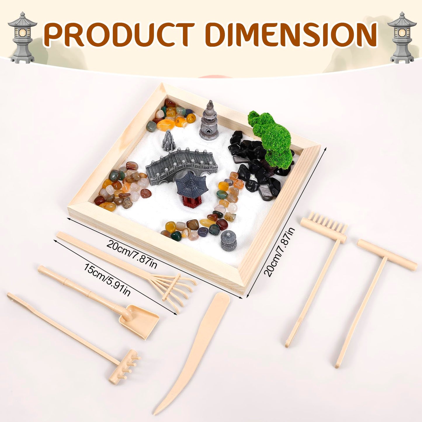 Angirlish 25PCS Zen Garden Kit for Desk Decor, 7.87" Sand Zen Garden Gifts Mini Sandbox Set Included Wooden Tray Rake Tools and Accessories, Sand Tray Therapy for Meditation Room Office Home(Park