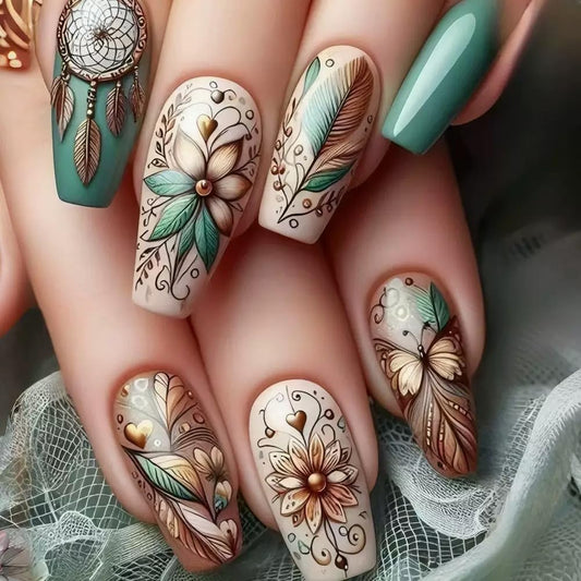 Ocean Press on Nails Square - Medium Fake Nails with Coral Shell Design - Summer, White Frecnh Tip False Nails for Women 24 Pcs