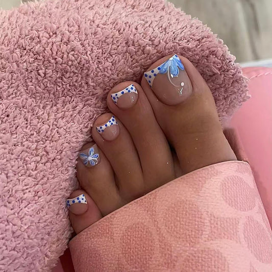 Blue Flower Press on Toenails Summer False Toenails Glossy French Tip Toe Nails Reusable Full Cover Toe Nails for Women