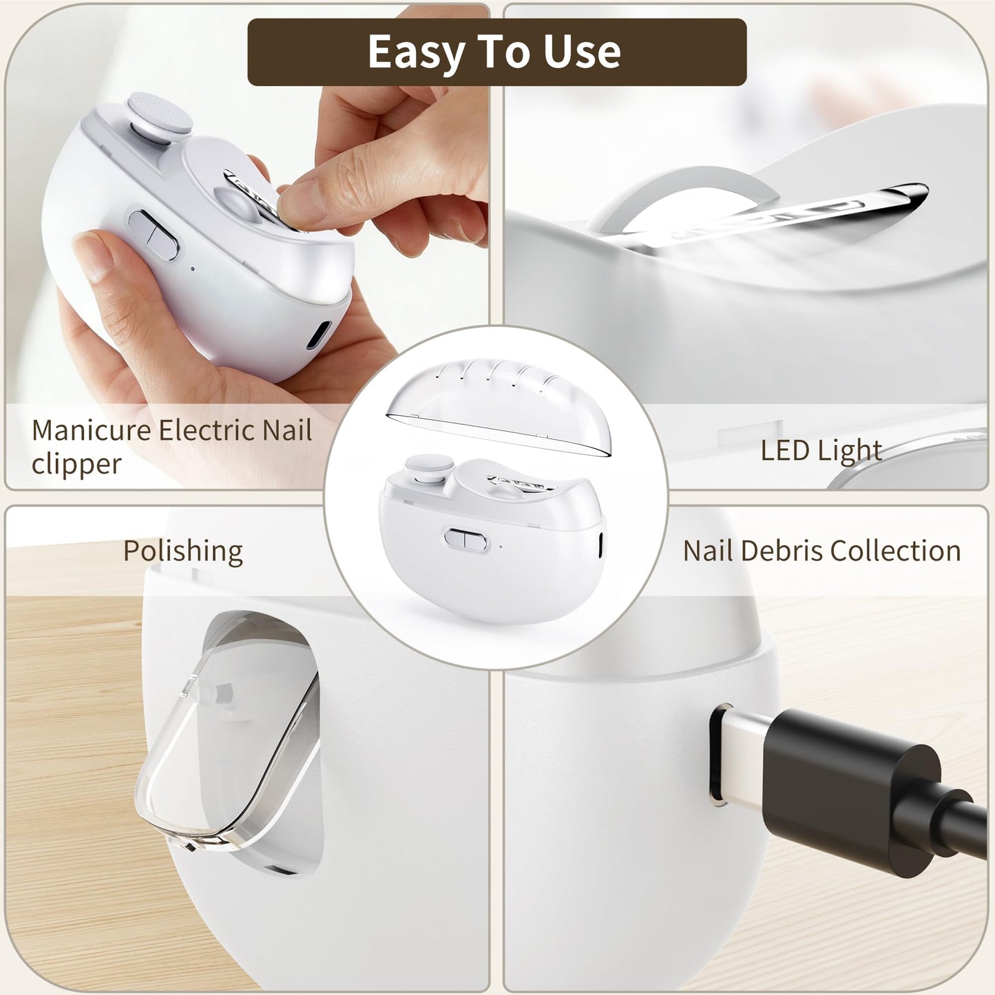 Electric Nail Clipper, 3-in-1 Automatic Nail Clipper, 2 Speed Automatic Nail File Toenail Trimmer with LED Light, Polishing and Nail Debris Collection, for Baby, Kids, Adults and Seniors (White)