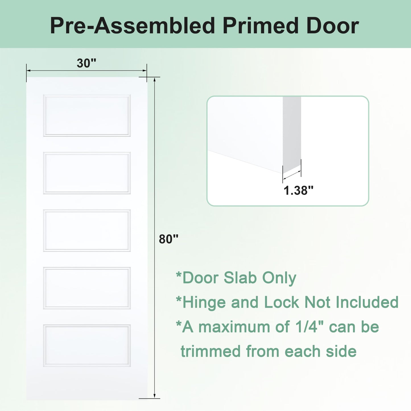 JUBEST 30"x80" 5-Panel Shaker Style White Primed Hollow Core Interior Molded Door Slab, NOT Pre-drilled and NOT Included Hardware, Pre-Assembled Interior Door for Pantry, Laundry, Closet