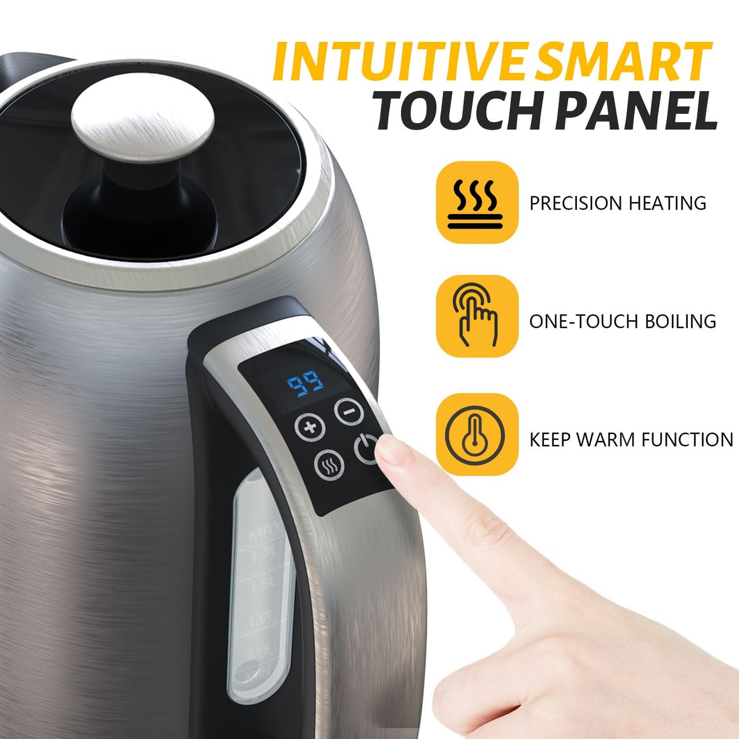 BOHOME Electric Kettle, 1.7L/1500W, Stainless Steel, Digital Touch Panel, Keep Warm Function, Auto Shutoff, BPA-Free, Hot Water Kettle for Coffee & Tea, No Plastic Contact with Water (Black)