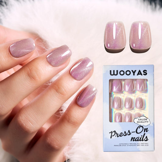 Wooyas Cat Eye Press on Nails Pink Glitter Press on Nails Short Square Handmade Fake Nail Set Glue on Nail 24PCS Glossy with Glue