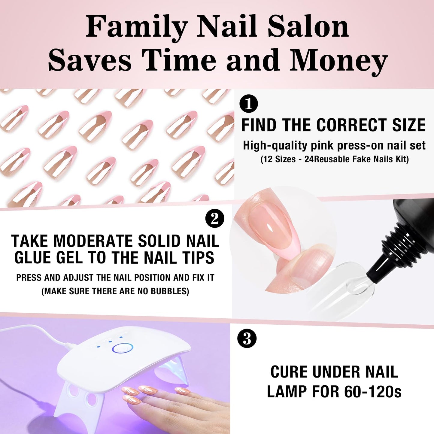 VIVCIN Press On Nails Kit with Nail Lamp,Pink French Tip Short Almond Gel Nails 24Pcs 16Sizes,All-in-One DIY Kit with Glue Remover Top Coat Cuticle Oil Mini UV Lamp,28+Days Long Lasting,Gift for Women