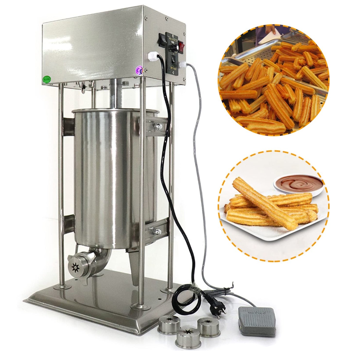 Commercial Electric Churro Machine, 15L Vertical Stainless Steel Spanish Donut Churrera Churros Machine, Electric Vertical Latin Fruit Machines with 4 Moulds for Restaurants Bakeries Cafeterias