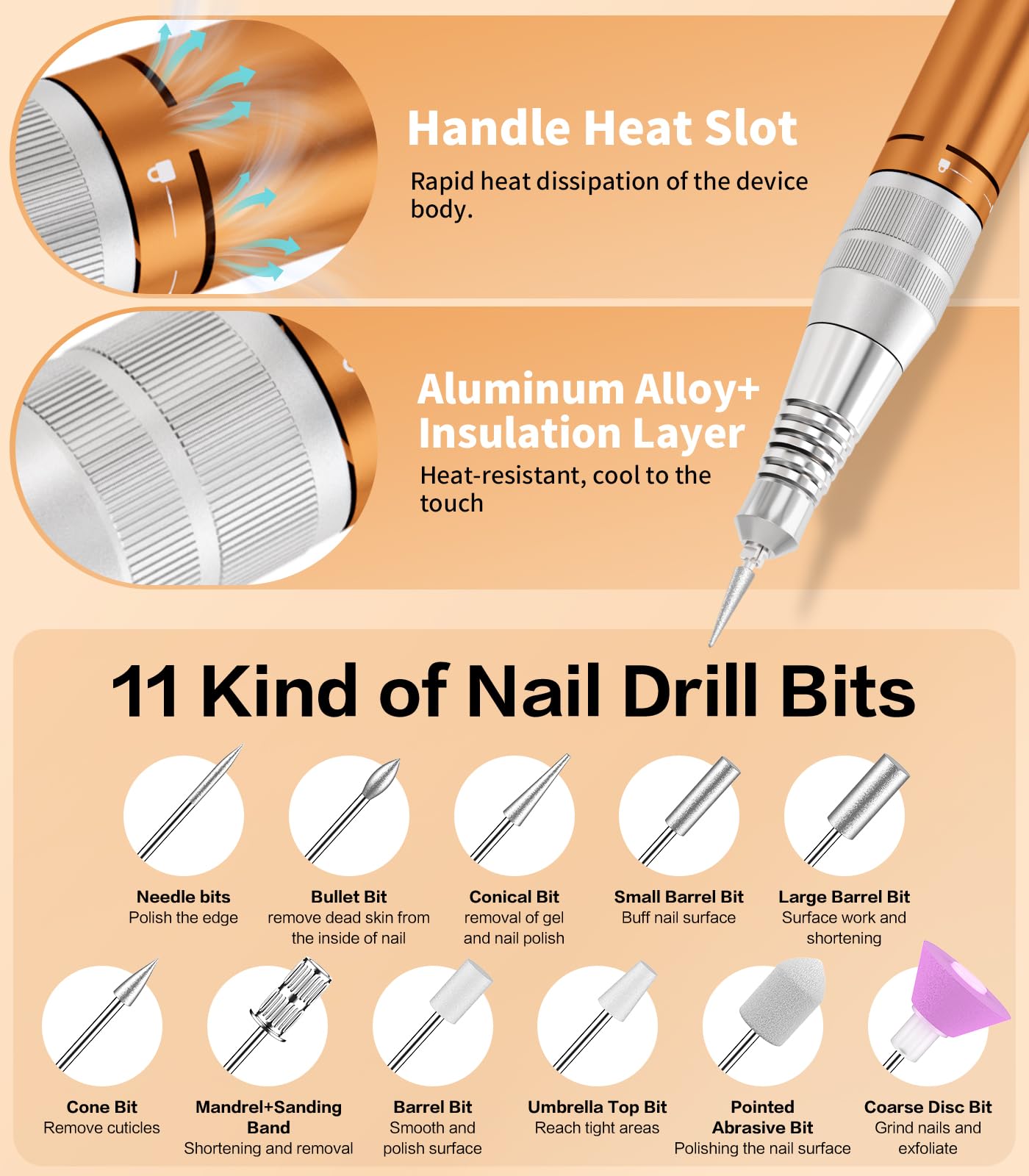 Electric Nail Drill Professional, Portable Rechargeable 35000 RPM - Cordless Electric Nail File Machine Kit for Acrylic Gel Polishing Removing, Manicure at Home DIY & Salon (Orange)