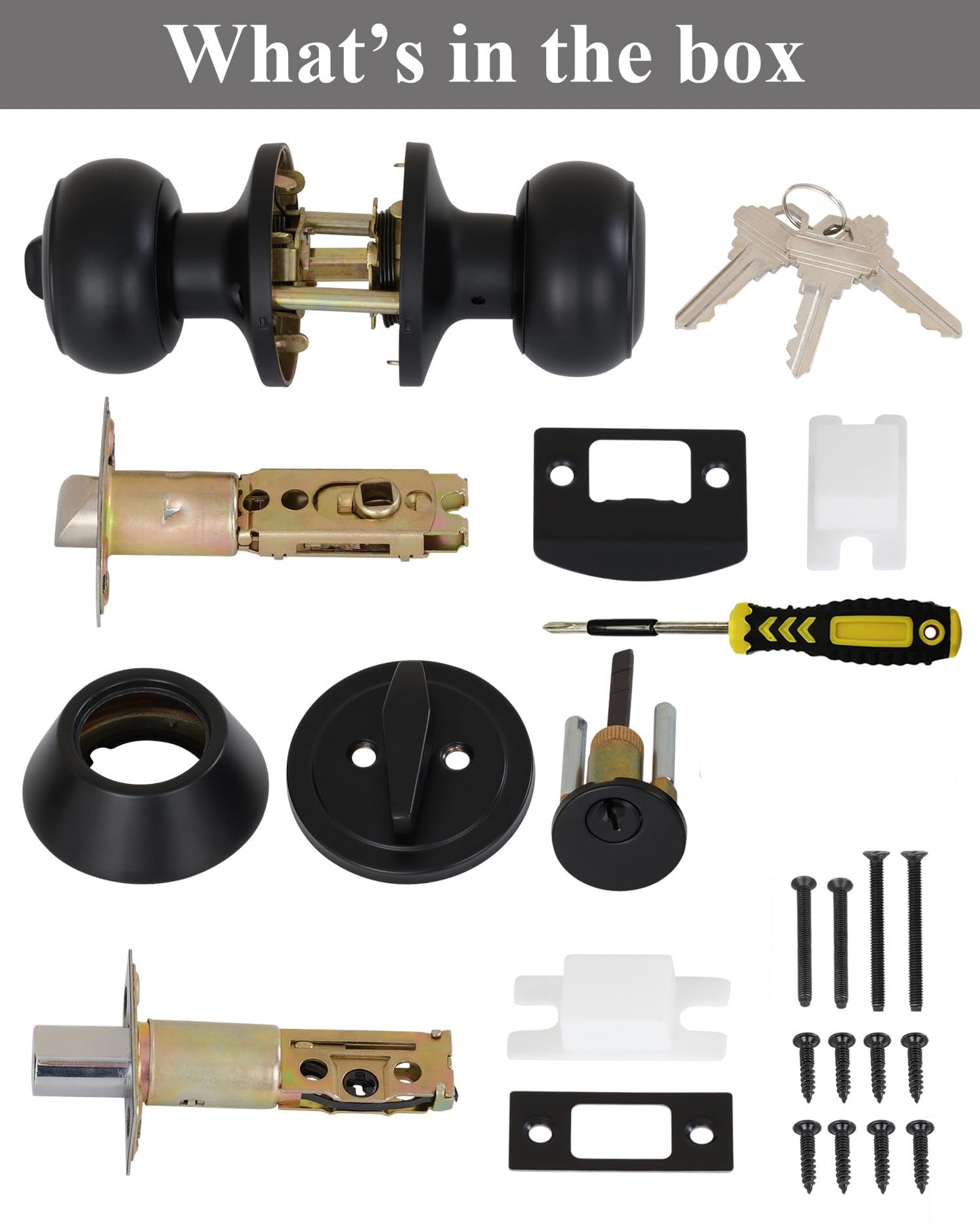 Lanwandeng （4 Sets） All Keyed Alike Entry Door Knobs and Single Cylinder Deadbolt Lock Combo Set, Security for Entrance and Front Door with Flat Ball Classic Matte Black Finish