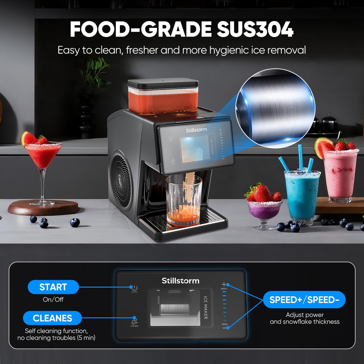 Stillstorm Shaved Ice Machine Snow Cone Maker No Ice Needed，Snowflake Machine with RapidChill Technology, Auto-Clean SUS304, Adjustable Speed Snowflake Maker for Home, Party, Bar...