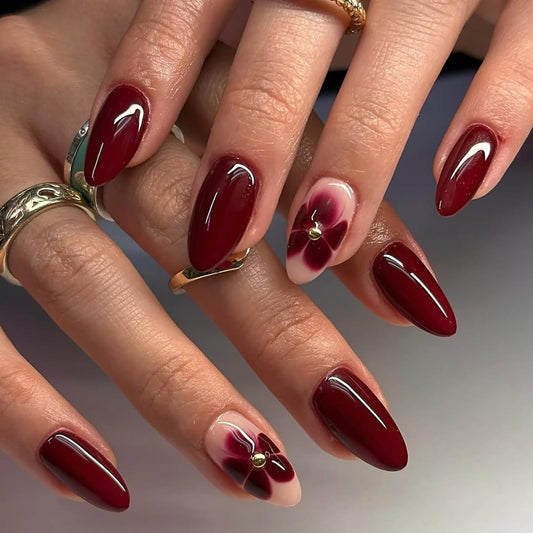 24Pcs Dark Red Almond Press on Nails Short Medium Fake Nails with Floral Steel Ball Design Reusable Almond False Nail Red Flower Nails Press ons Artificial Spring Summer Flower Nails for Women