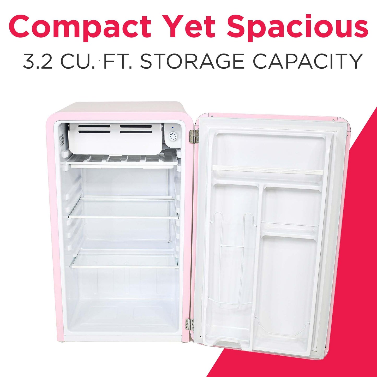 Frigidaire Retro Compact Refrigerator with Chiller, 3.2 cu ft Countertop Fridge, Built-In Bottle Opener, Rounded Corners, Premium, for Office, Bedroom, Dorm Room, Cabin, 18.5D x 20W x 31.5H (Pink)