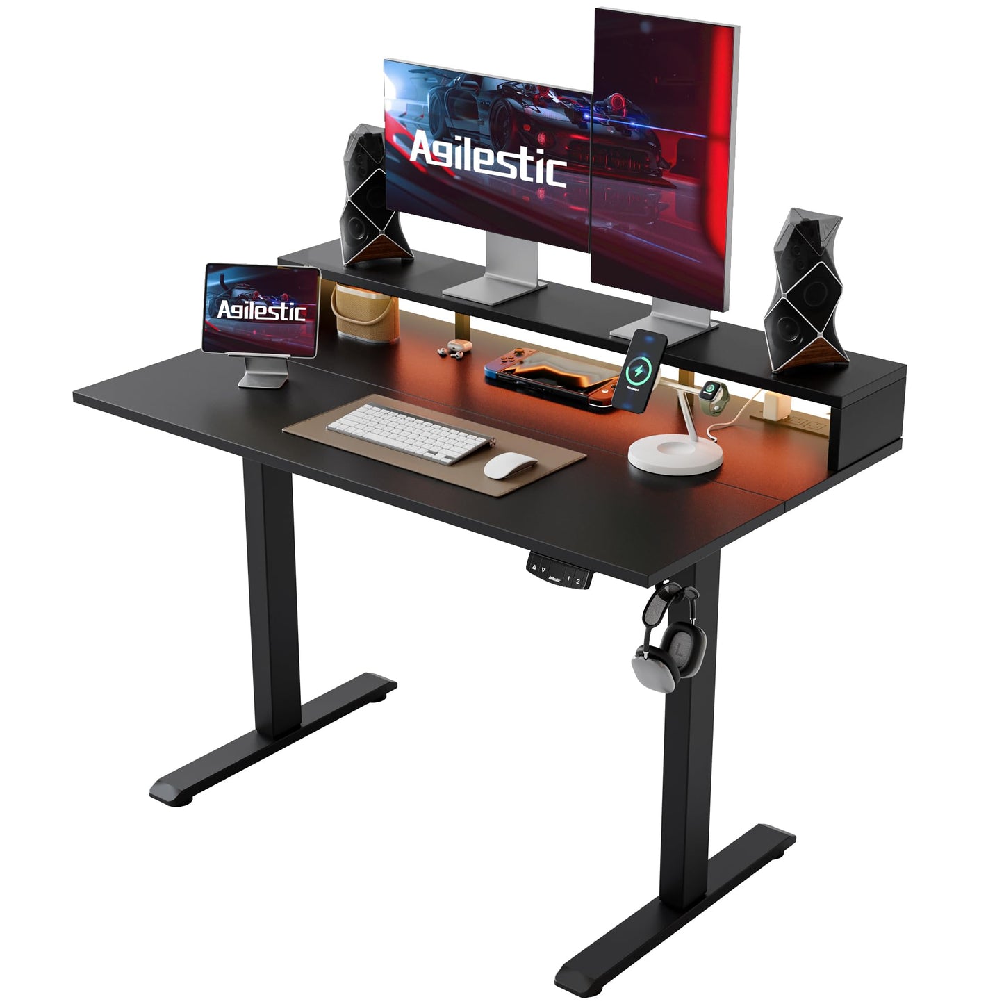 Agilestic 48x24 Inch Electric Standing Desk with Shelf, Height Adjustable Desk with Power Outlets & LED, Sit Stand Up Table with Monitor Stand, Computer Workstation, Black