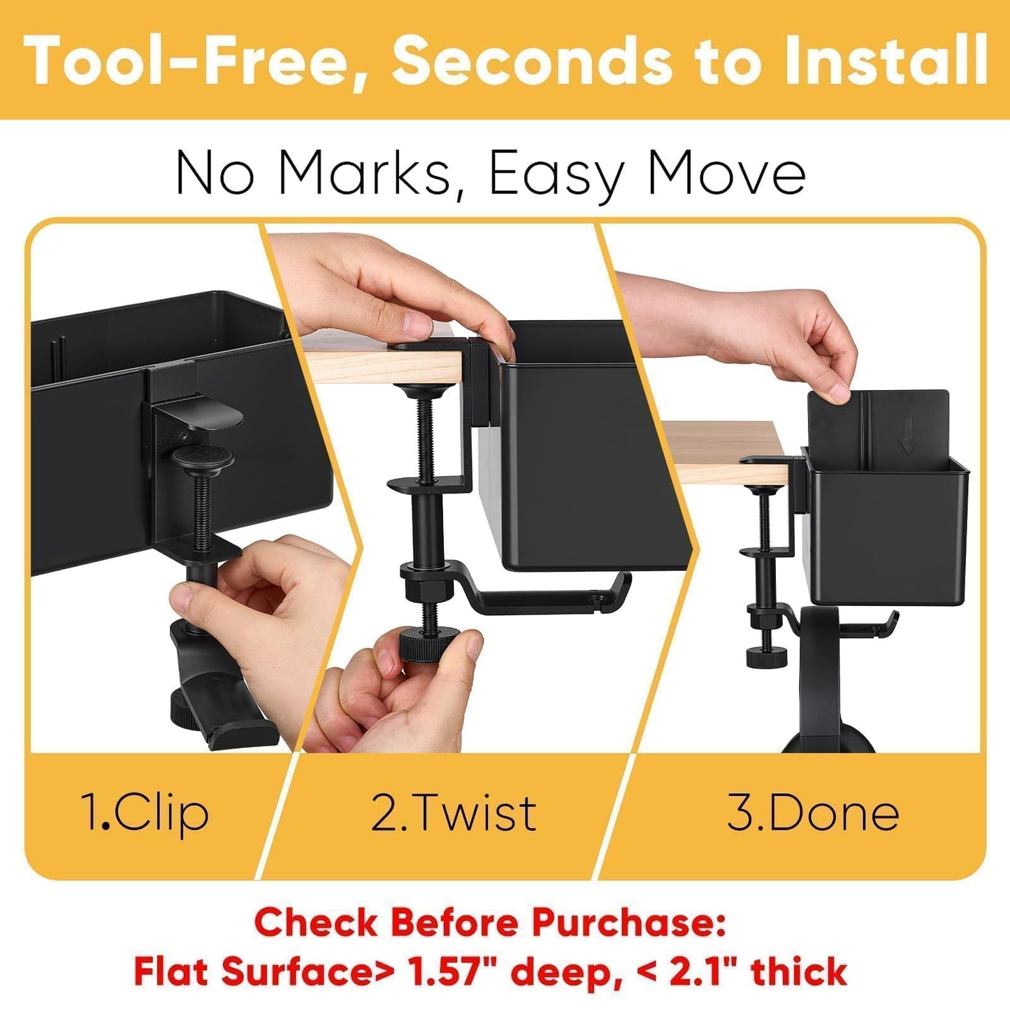 4-in-1 Clip On Desk Cup Holder, Fits up to 40oz cups - Mountable Holder with Adjustable Divider & 360° Rotating Hook - No Spill Clamp On Drink Holder Attachment - for Desk Chair Table Bed Tray - Black