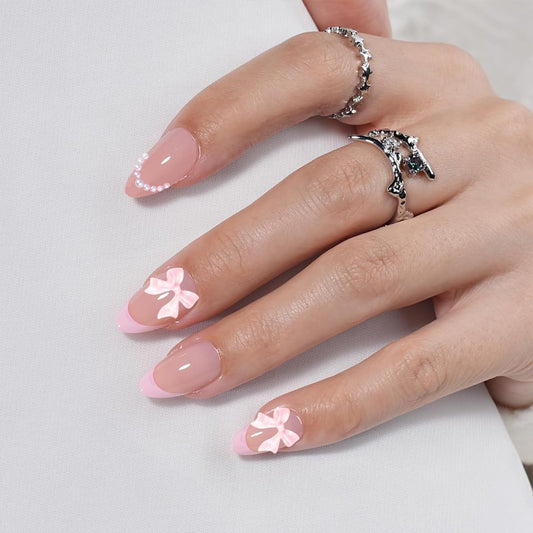 Press on Nails - Pink French Tip with 3D Bow & Pearls, Medium Almond Glossy Fake Nails, Full Cover Manicure Kit for Women, 24PCS Glue-on