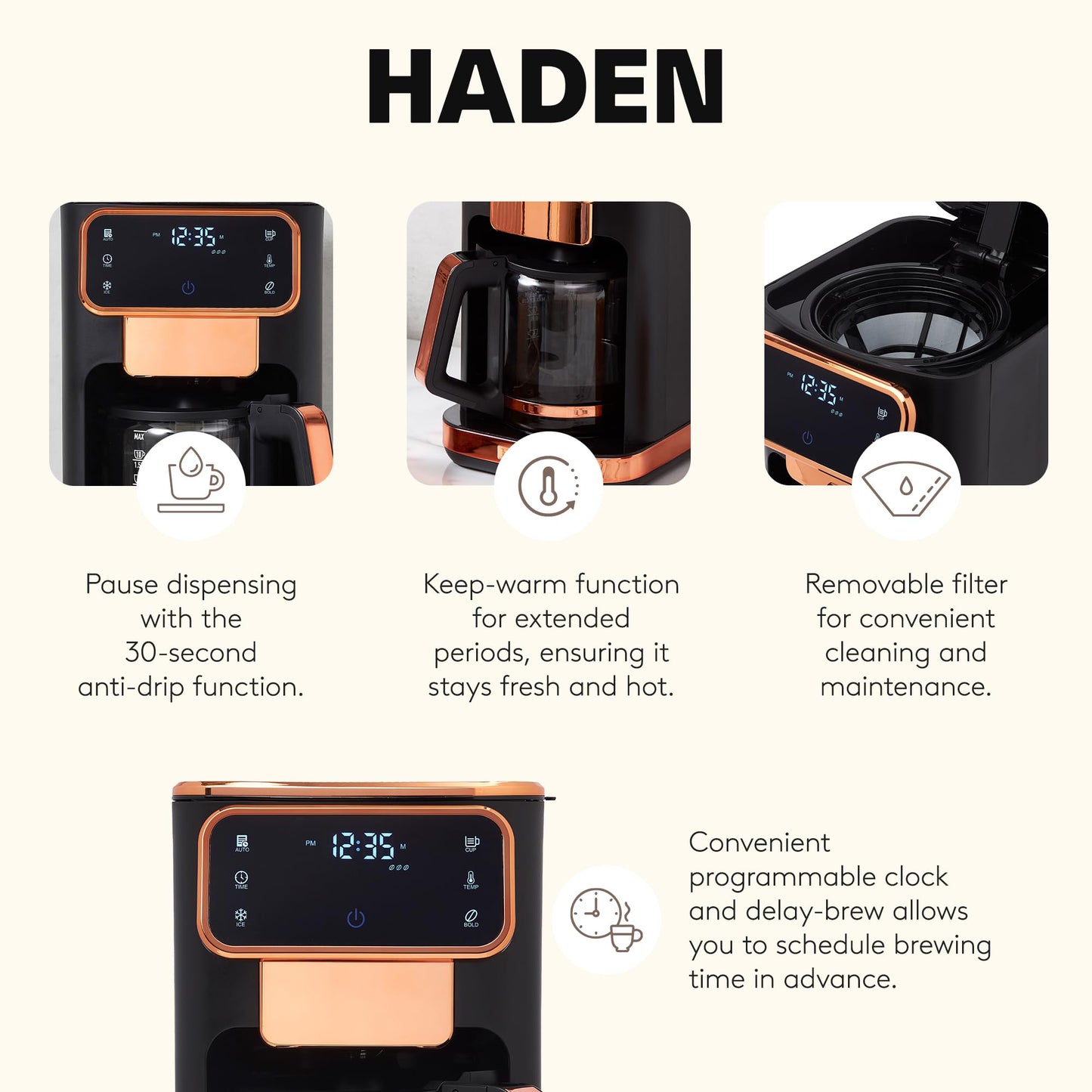 Haden Dual Brew 12 Cup Hot and Iced Coffee Maker with 120 Minute Keep Warm, Delay Brew, Adjustable Strength, Programmable Clock, and Anti Drip, Black