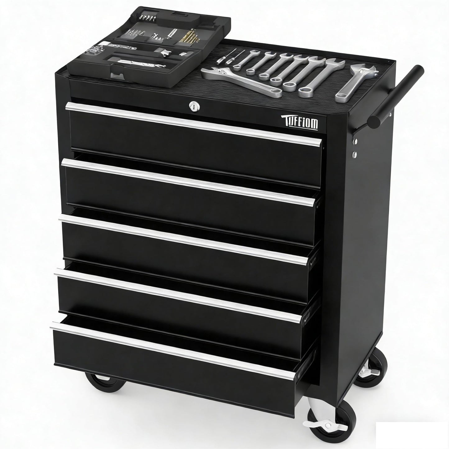 TUFFIOM 5-Drawer Rolling Tool Chest w/Drawers & Lock, Tool Storage Cabinet with Lockable Wheels, Top Cushion & Drawer Liners, Tool Organizer Box for Garage, Warehouse & Repair Sho