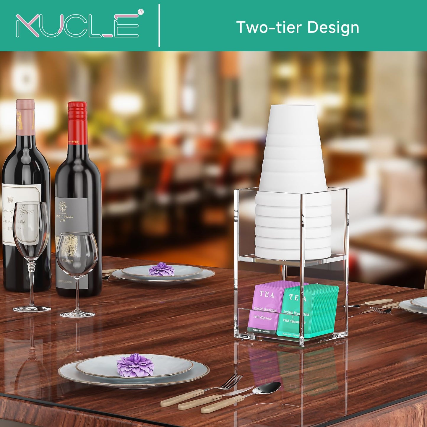 Kucle 2-Tier Coffee Station Organizer for Countertop, 2 Compartments Clear Acrylic Cup and Lid Holder Tea Condiment Storage Upright Coffee Bar Organizer Pod Dispenser for Office Breakroom Home Kitchen