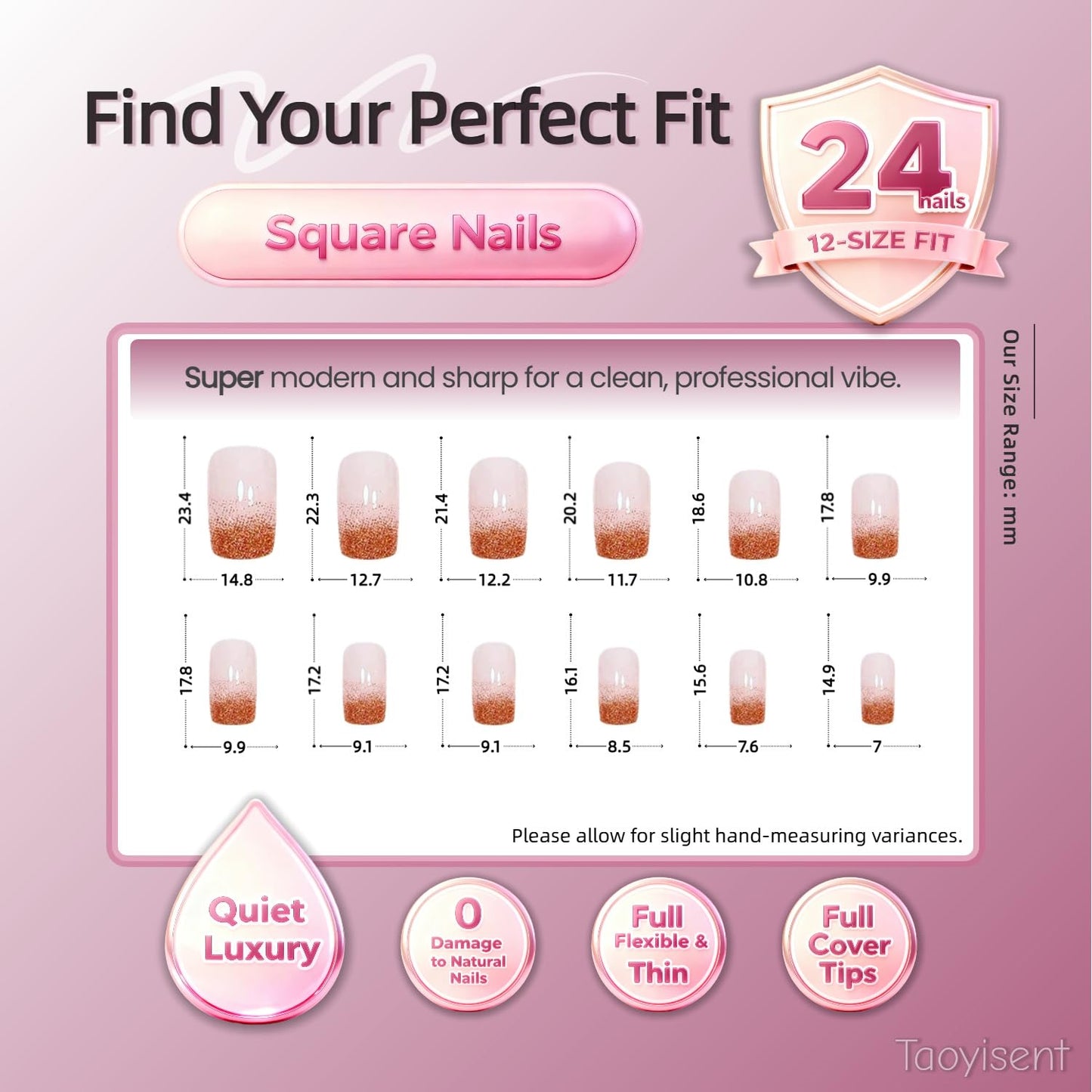 Elegant Nude Press-On Nails with Copper Glitter Tips, Square Shape, Glossy Finish, Easy to Apply, Salon Quality, Durable False Nails for Women – 24PCS