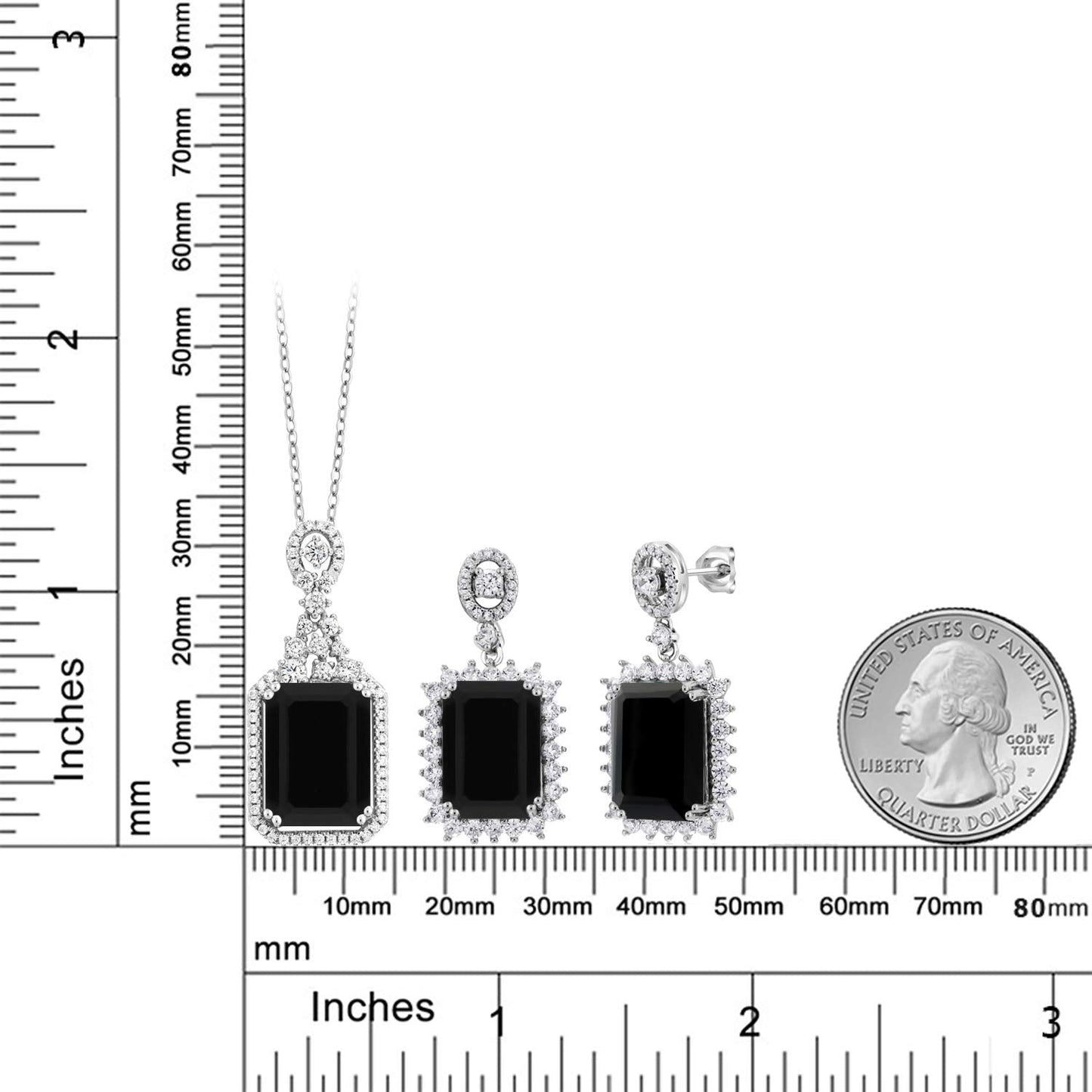 Gem Stone King 20.00 Cttw Black Onyx Pendant and Earrings Jewelry Set For Women | 925 Sterling Silver | Emerald Cut 14X10MM | Gemstone Birthstone | With 18 Inch Chain