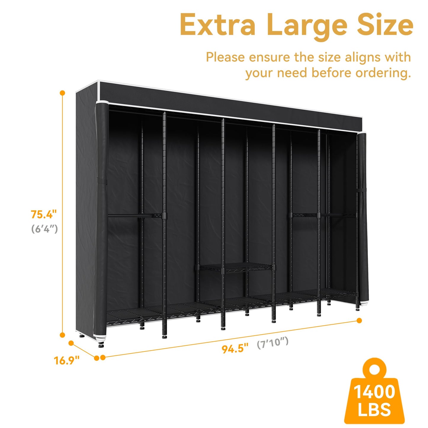 Higeego 94.5"W Heavy Duty Clothing Rack with Cover, H5C Garment Rack with Adjustable Shelves Freestanding Wardrobe Closet with Hanging Rods Portable Closet, Black Rack with Black Cover, Load 1400 lbs