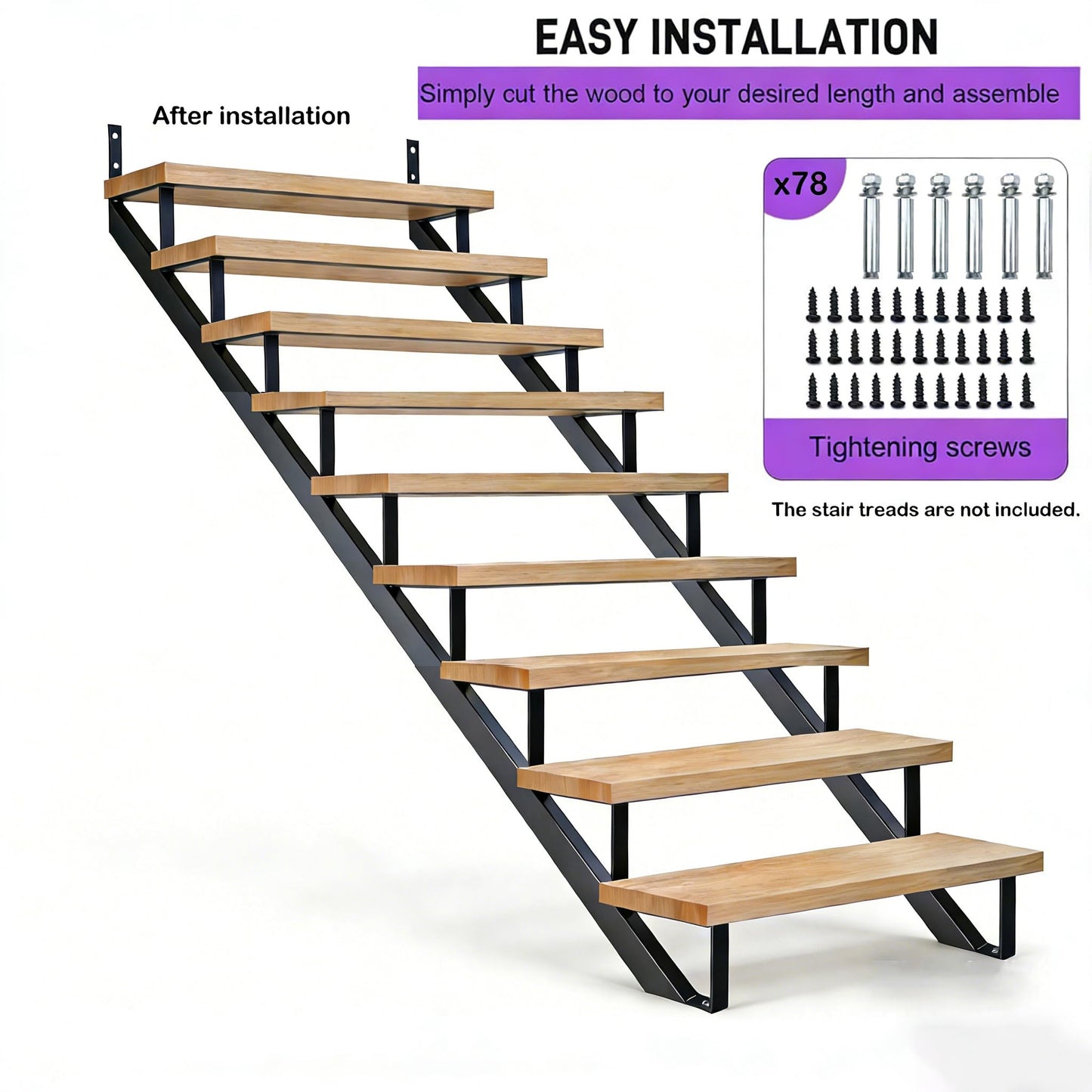 2 Packs Black Metal Stair Step Stringers, 9-Step for Deck Height 72 Inches Stair Stringer for Outdoor Wooden Tread
