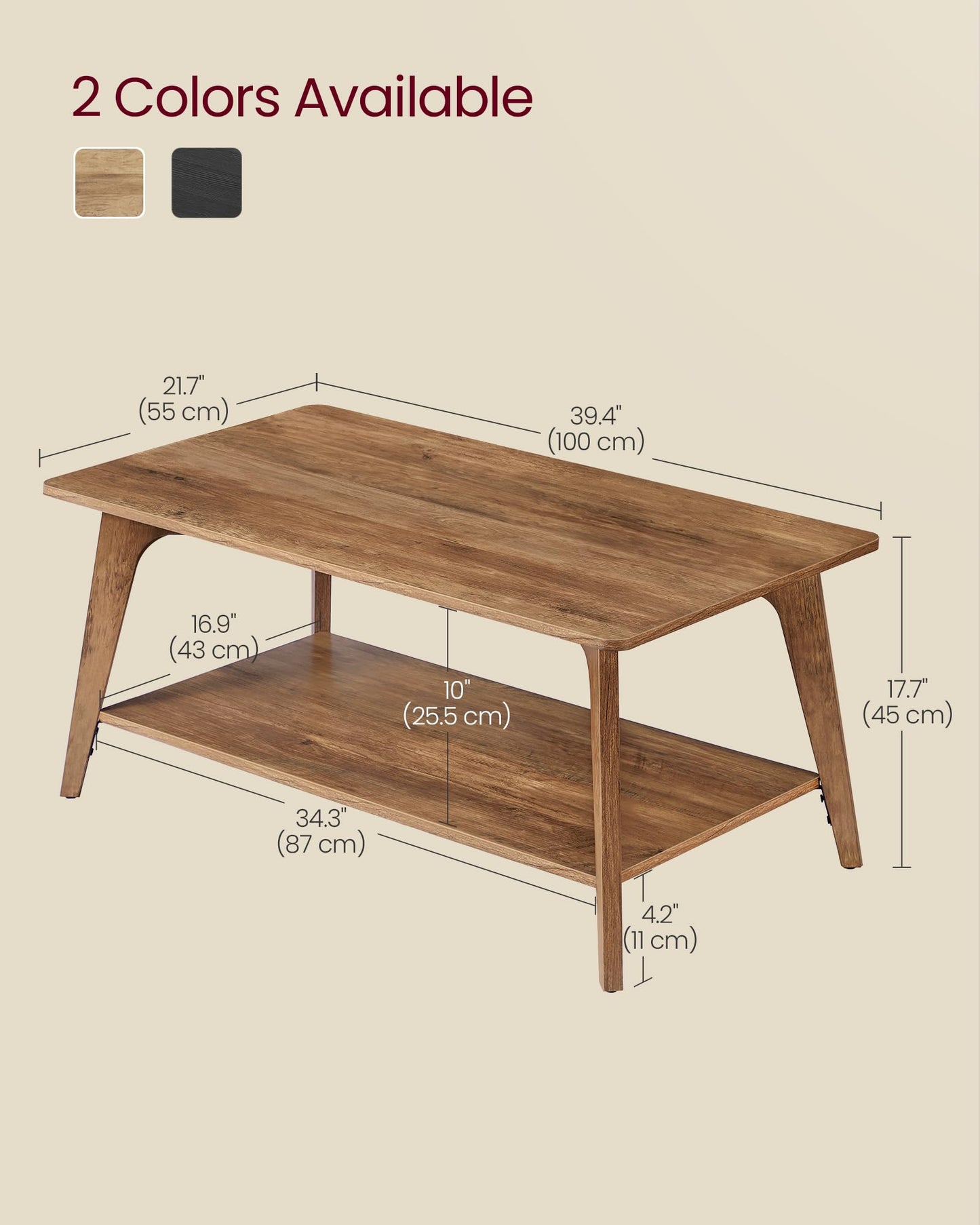 VASAGLE MAEZO Collection - Coffee Table, 2-Tier Center Table with Storage, Tapered Legs, Curved Transitions, 21.7 x 39.4 x 17.7 Inches, Easy to Assemble, for Living Room, Honey Brown ULCT249K01