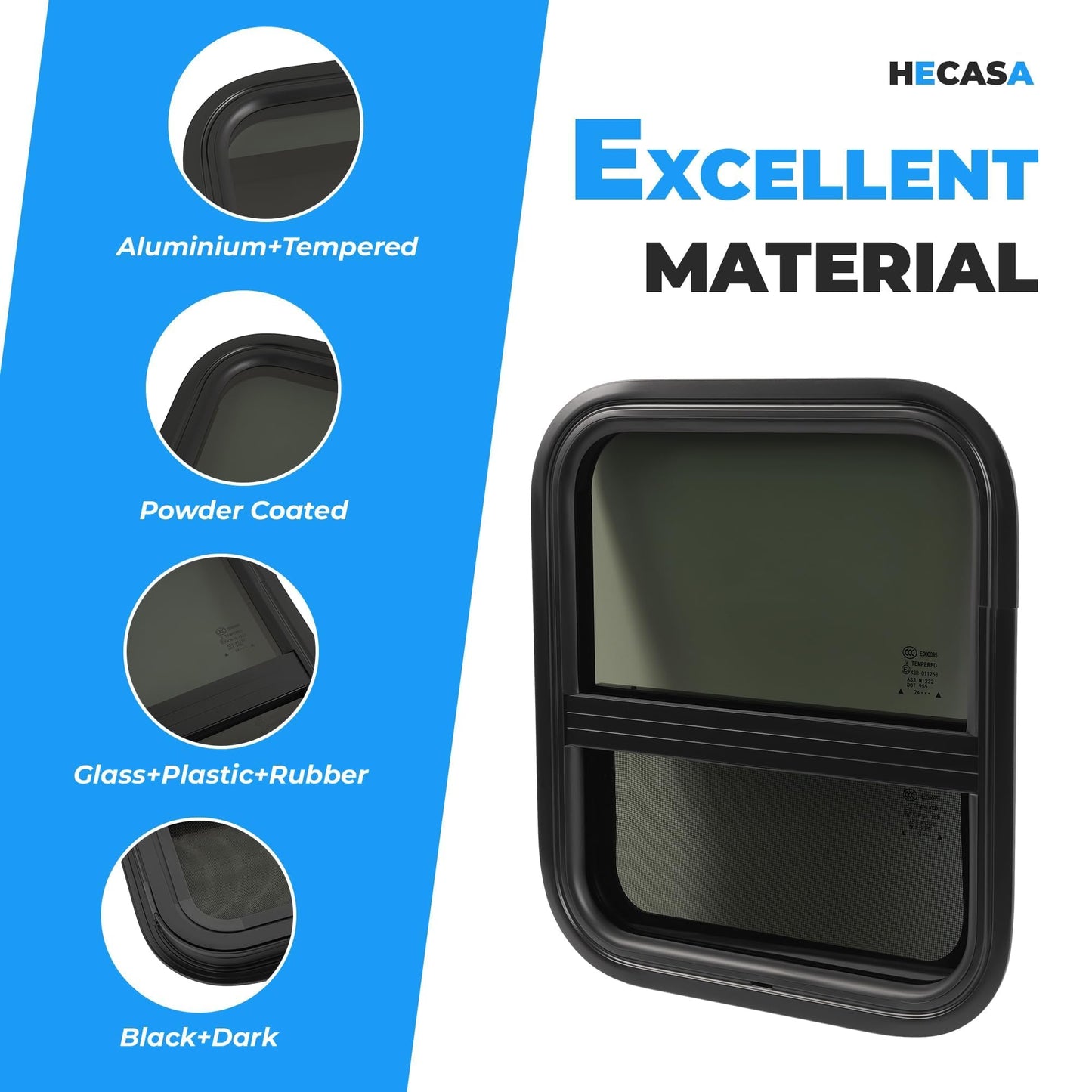 HECASA RV Sliding Window 17.5" X 15.5" w/Mesh Screen & Trim Ring For Vertical Trailers, Motor Homes, Engineering Vehicles Side Window Replacement Tempered Glass Aluminium Black 2Pcs