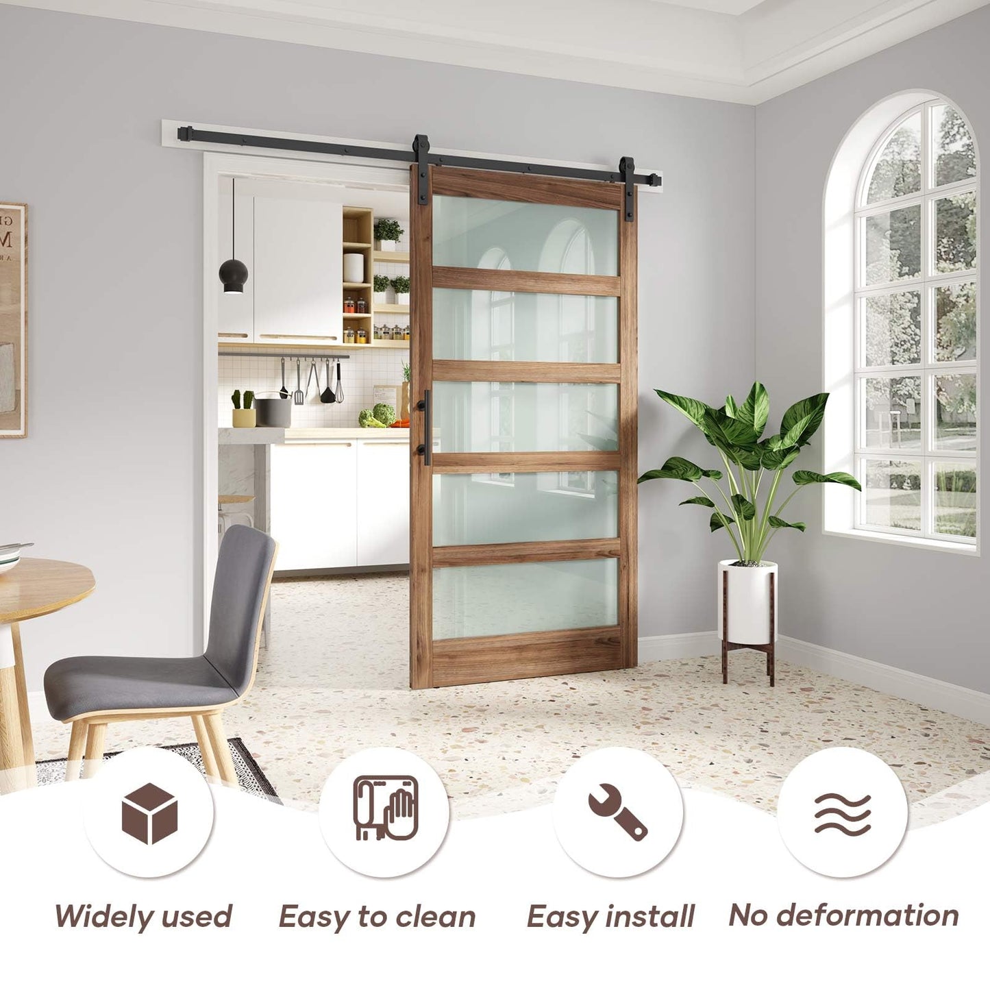 FREDBECK 38 x 80 inch Glass Barn Door with 6.6FT Barn Door Hardware Kit & Handle Included,5-Panel Frosted Glass, Water-Proof Surface,Pre-Drilled Holes,Need Assembly