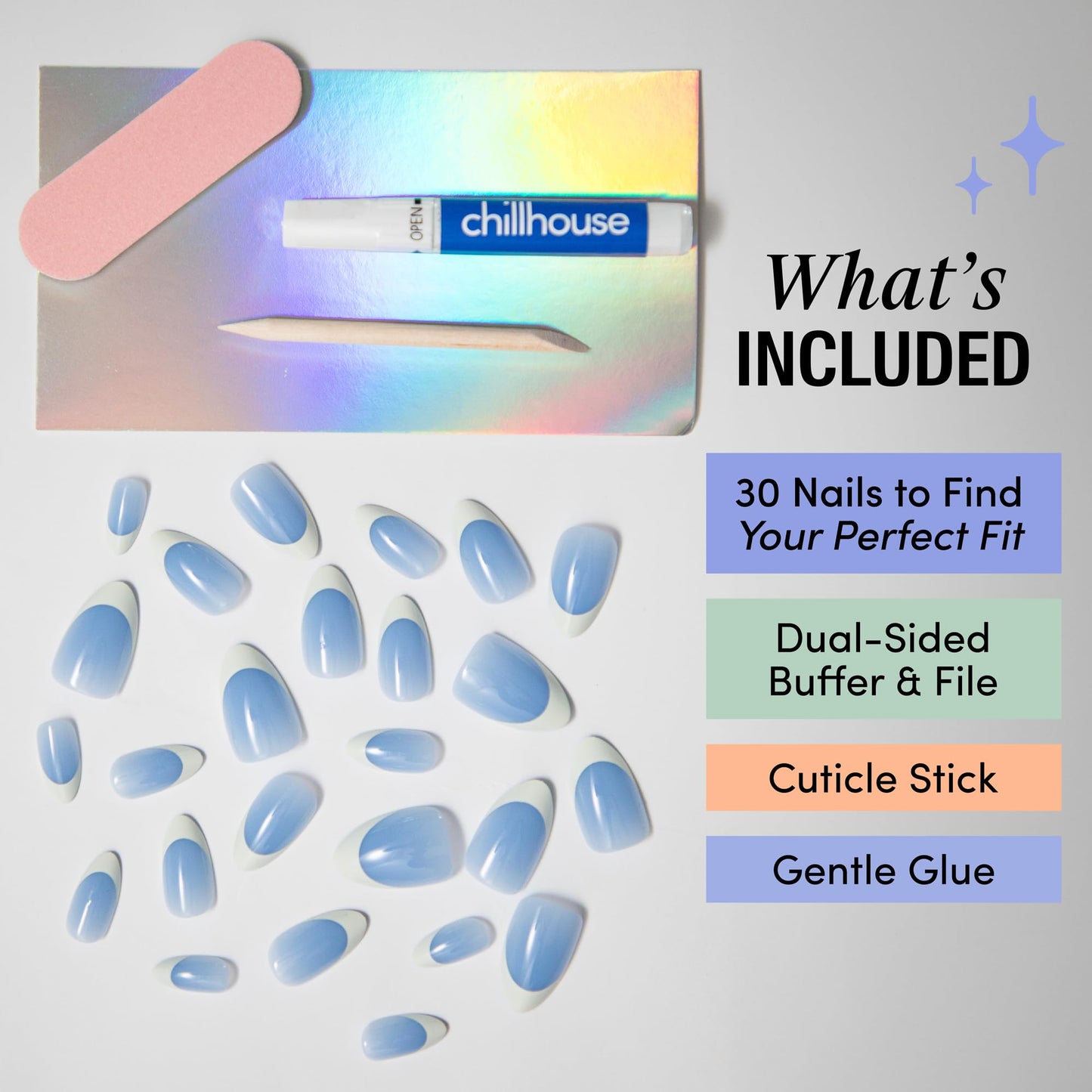 Chillhouse - Chill Tips, French Tip Press On Nails Kit - Pool Day (Almond) - 30 Nail Shapes & Sizes - 2 Weeks of Wear - Customizable Fit - French Manicure Kit - Women Owned - Beauty & Self Care