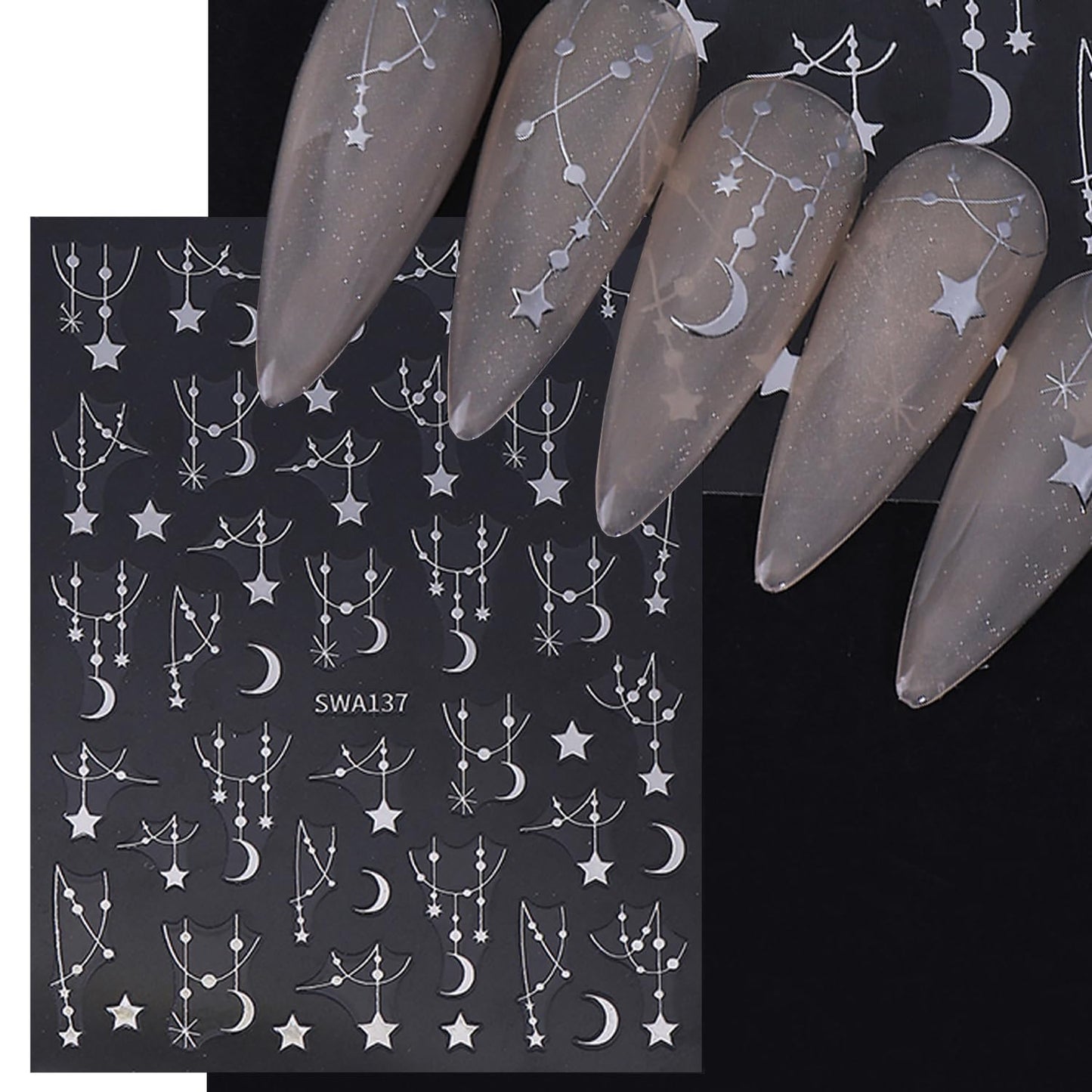 6 Sheets Star Nail Stickers 3D Self-Adhesive Silver Meteor Moon Nail Decals Black Chain Moon Star Nail Design Celestial Nail Art Stickers for Women Decoration Manicure Supplies
