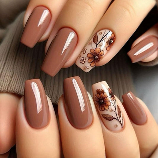 Medium Press On Brown Glossy Glue On Nails - 24Pcs Winter Fall Acrylic False Nails with Floral Designs