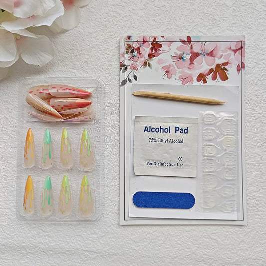 Rilafuvu 24Pcs Long Fake Nails Almond Press on Nail French Tip Glue on Nails Rainbow Ice Cream Design Acrylic Nails Almond Nails for Women and Girls