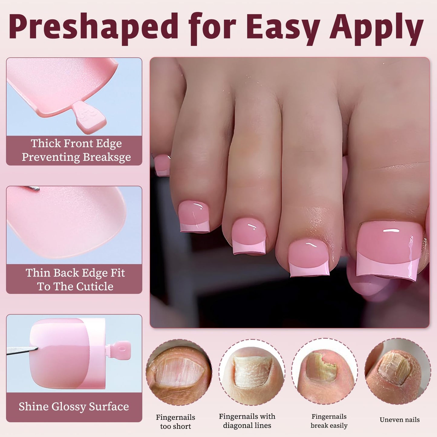 Bellelfin French Press On Toenails For Women with Nail Adhesive Tabs, 150 Pcs Pink French Tip Toe Nail Press Ons, Short Square Toenail Press On, 15 Sizes Full Cover Acrylic Fake Toe Nails