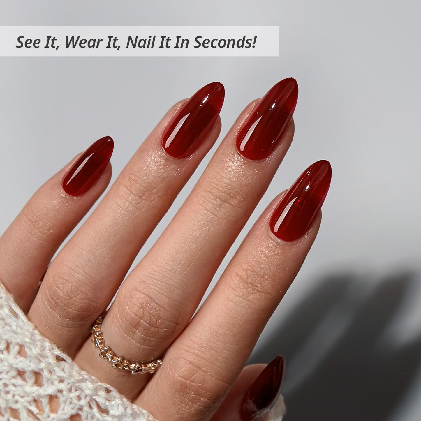 BTArtbox Press On Nails Almond - Lamp-Curable Dark Red Medium Press On Nails with Glue for Women, Semi-Transparent Soft Gel Glue On Nails in 16 Sizes - 32 Stick On Nails Kit, Blackout