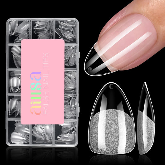 AILLSA Short Almond Nail Tips - 15 Sizes 240pcs Half Matte False Nail Tips Pre-shaped Short Nails Tips, Full Cover Clear Press on Gelly Tips for Home Salon Daily Nail Art with Storage Box
