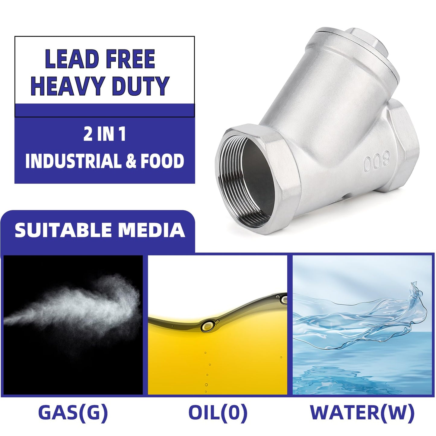 Industrial Plumbing Y Strainers NPT Female 2-1/2", Heavy Duty 304 Stainless Steel Y-Strainer, Y-Shaped Filter Valve Connector with 80 Mesh Screen to Remove Excess Impurities for Water Oil Gas DN65