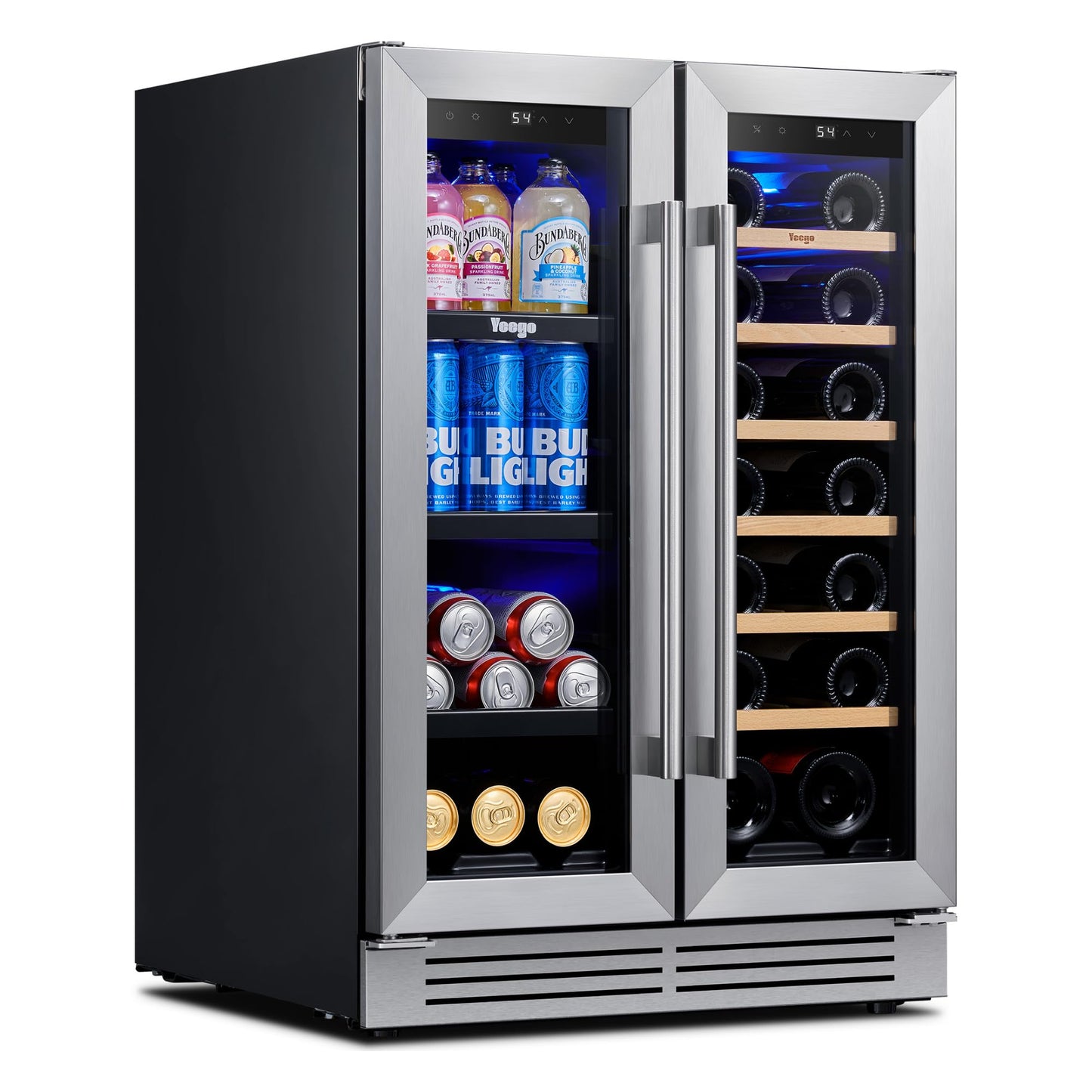 Yeego Wine and Beverage Refrigerator - 24 Inch Dual Zone Wine Fridge 60 Can & 20 Bottle, 36-72°F Cooler Built in Under Counter Fridge with Glass Door for Beer Soda Drink Home Bar Office