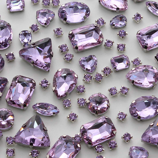 TANOSII Sew on Rhinestones 100 PCS Mixed Shapes Glass Rhinestones Sew on Crystal Gems Mental Flatback with Silver Claw for Jewelry Crafts Clothes Shoes Costume Garment Light Purple